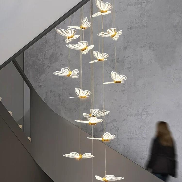 复式楼旋转楼梯长吊灯客厅中空别墅简约后现代酒店蝴蝶水晶吊灯