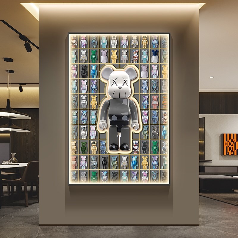 网红Kaws壁画玄关装饰画带灯发光画暴J力熊走廊轻奢背景墙过道入