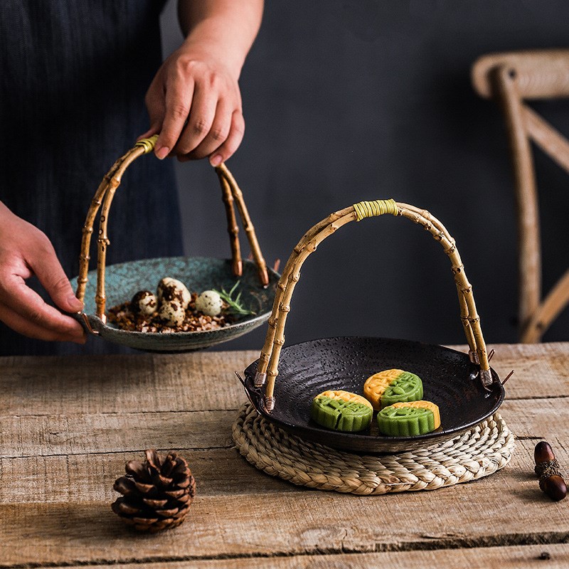 订婚甜品摆台手提篮订婚喜w饼糕点摆台装饰盘子结婚布置糕点喜盘