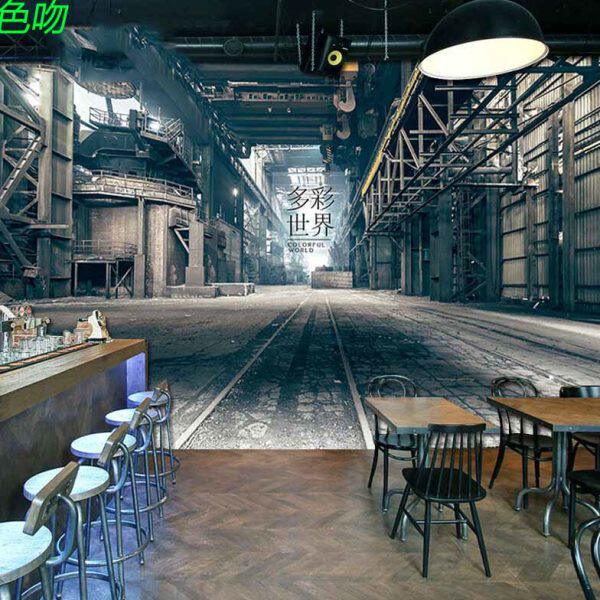 工业风壁画酒吧空间墙纸3d立体墙布网吧剧本杀延伸餐厅背景墙壁纸