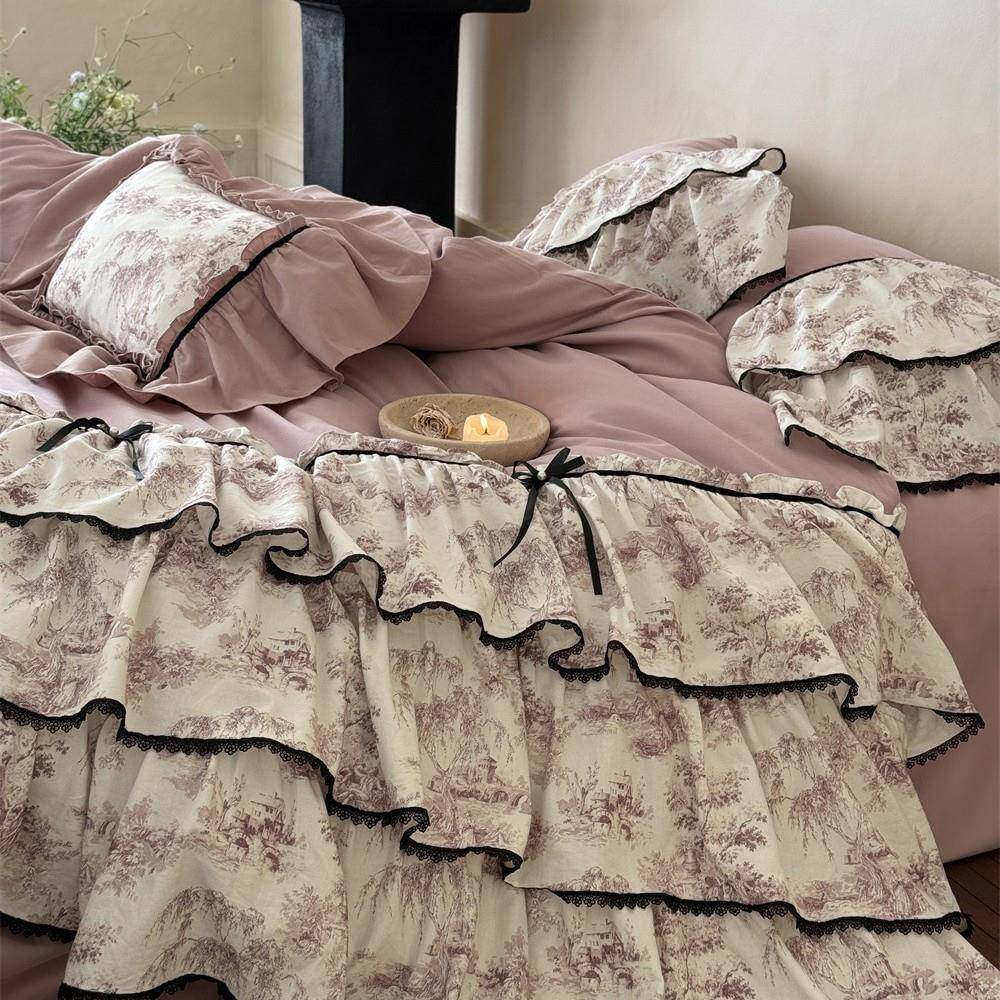 秋冬款法式公主风全棉超柔磨毛床上套件轻奢风荷叶花边被套四件套
