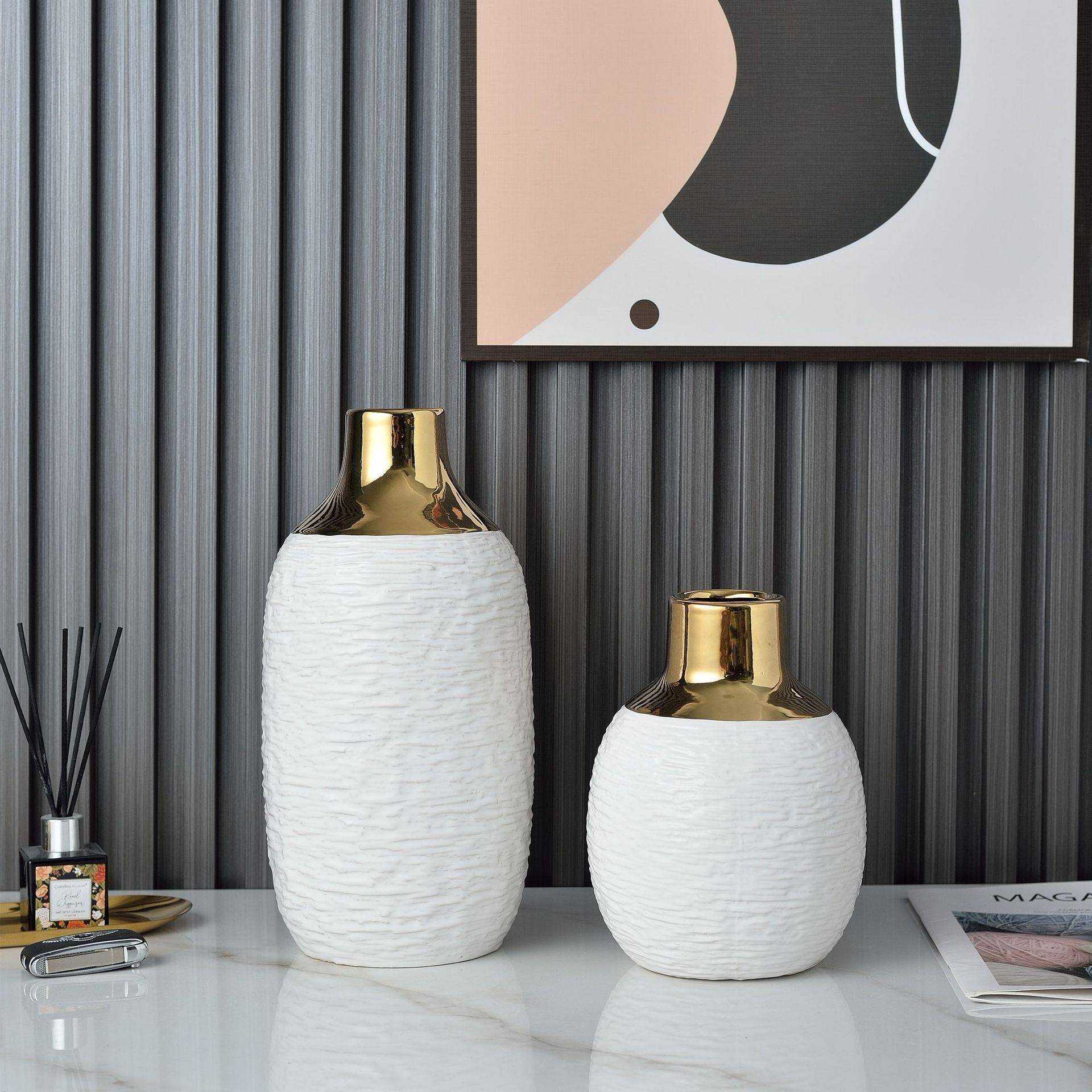 简奢黑白金色电镀诧寂陶瓷花瓶花器二件套电视柜摆件半夏软装饰品