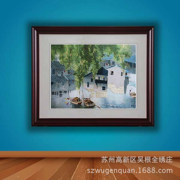 苏绣成品挂画客厅书房卧室带框现代装饰画苏州手工刺绣江南水乡图片