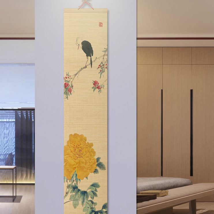 画墙画禅意书房荷花挂饰新中式客厅玄关复古装饰挂画帘卷轴竹帘主图片