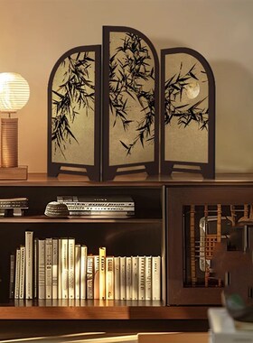 中古风墨竹小屏h风桌面摆件新中式茶桌家居边柜玄关装饰品复古摆