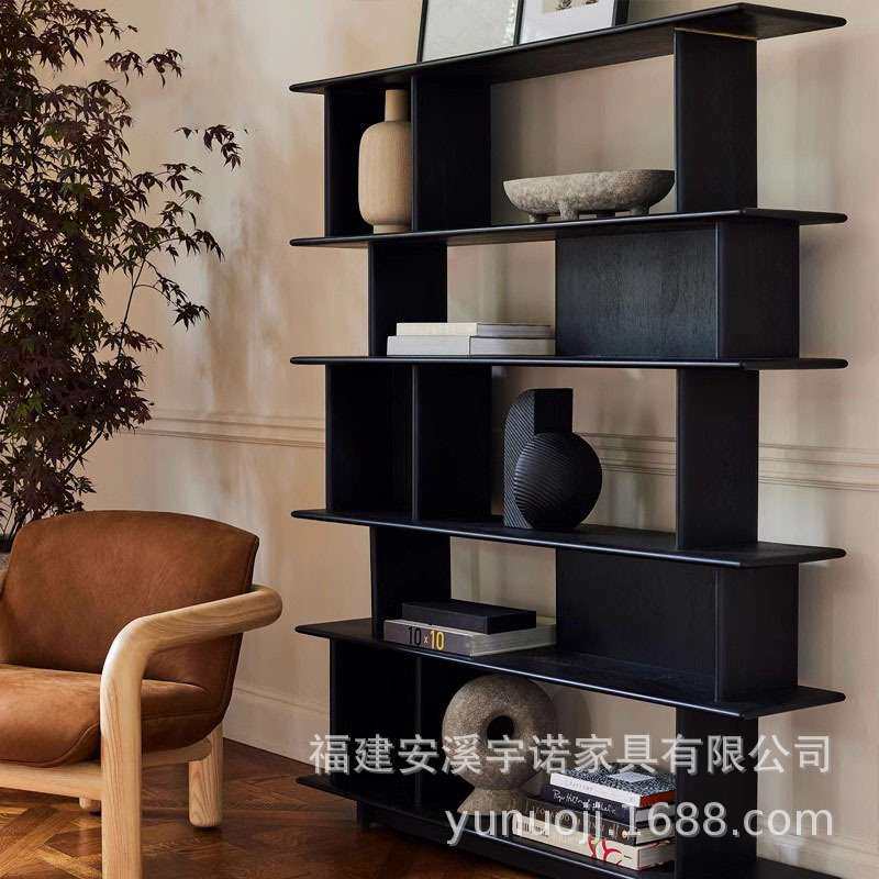 北欧书架书柜置物架实木黑色博古架落地式客厅意式轻奢展示架复古