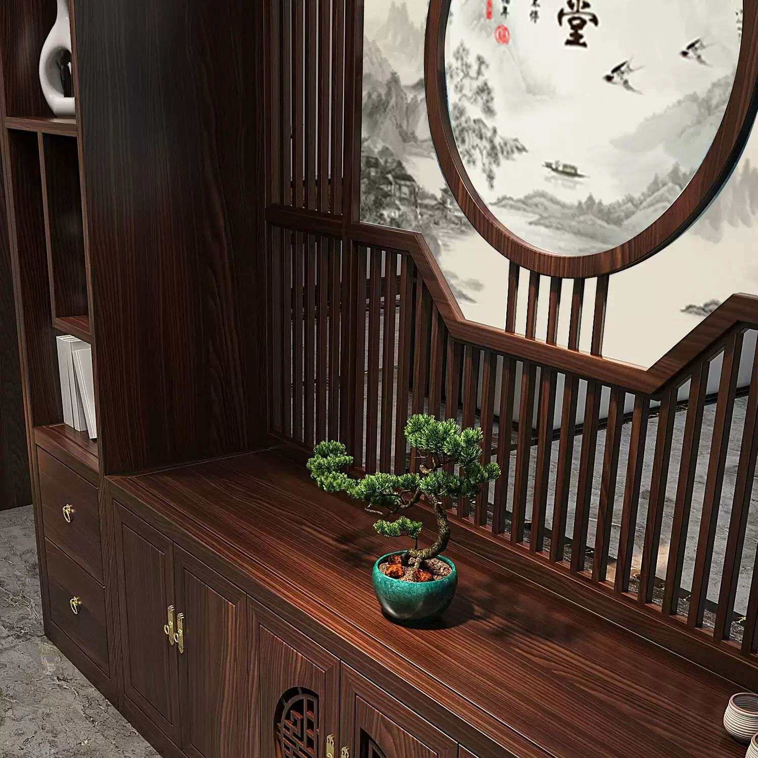 新中式入户月洞门屏风柜玄关博古架客厅拱门家用隔断月亮门纯实木