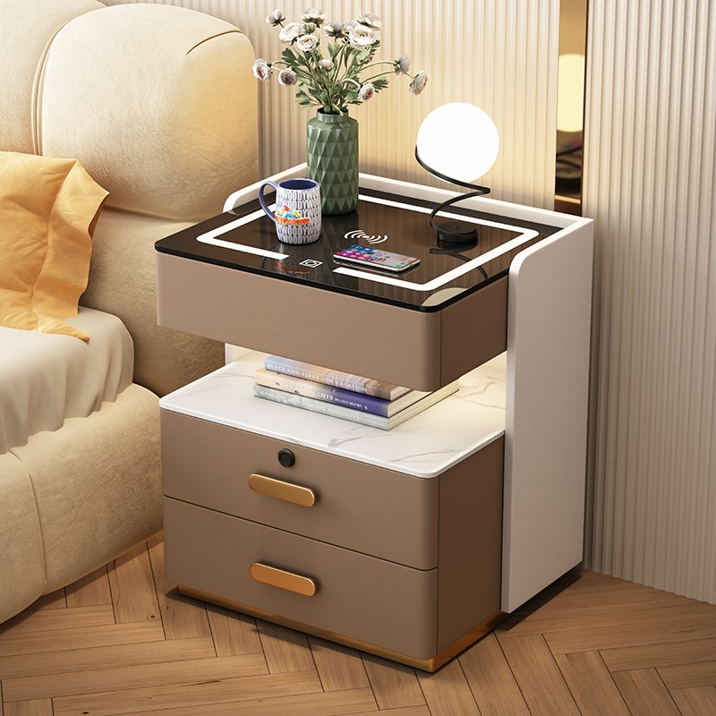 智能床头柜多功能收纳实r木轻奢简约现代免安装卧室充电储物床边