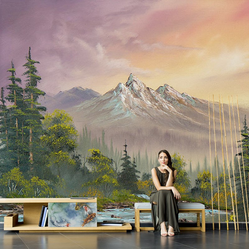 油画山水风景g客厅沙发电视背景墙壁纸小清新田园餐厅卧室装饰壁