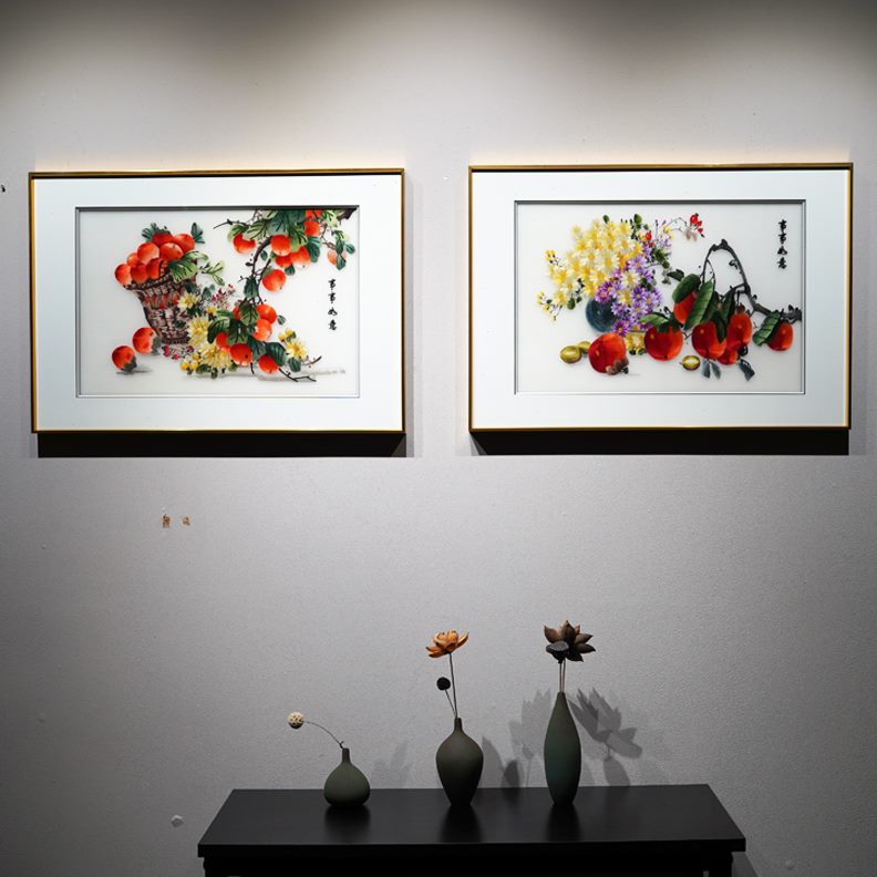 走廊纯手工柿子刺绣挂画事事客厅装饰画苏绣如意餐厅中国风新中式图片