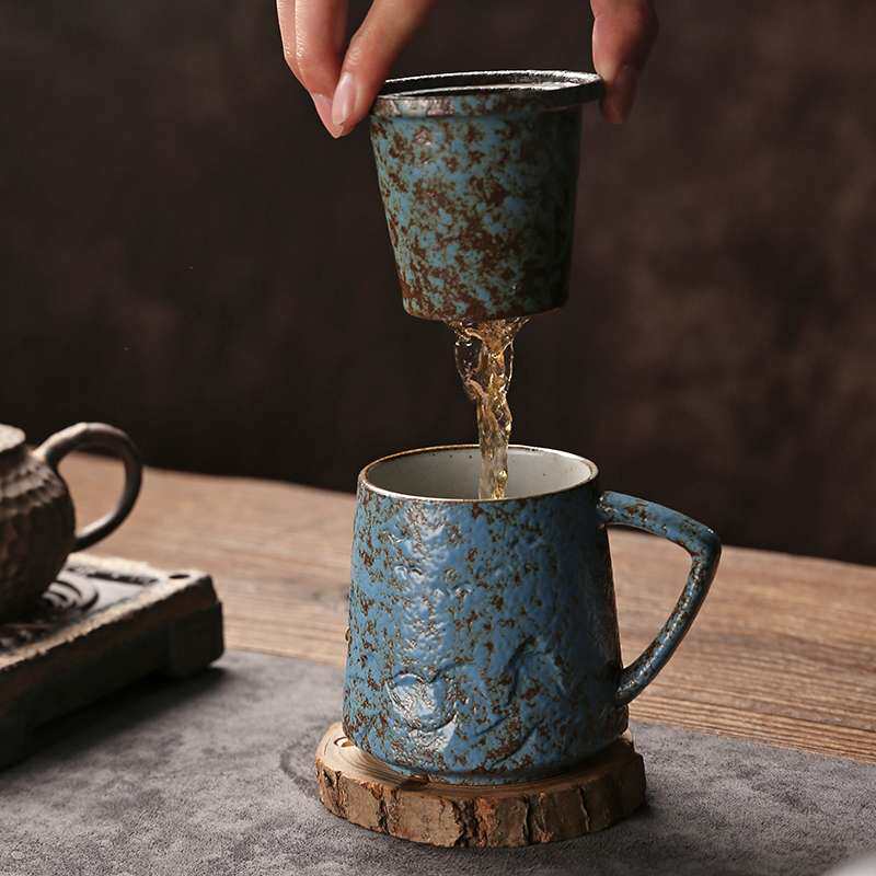 茶水分离粗陶茶杯个人喝水泡茶陶瓷杯子大办公杯过滤茶具