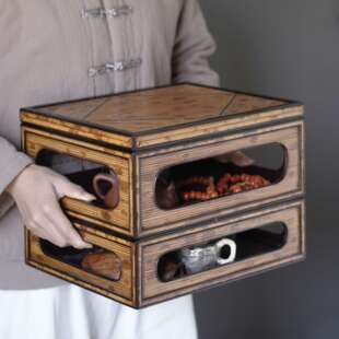 湘妃竹双层食盒托盘 茶棚茶架 茶具收纳箱