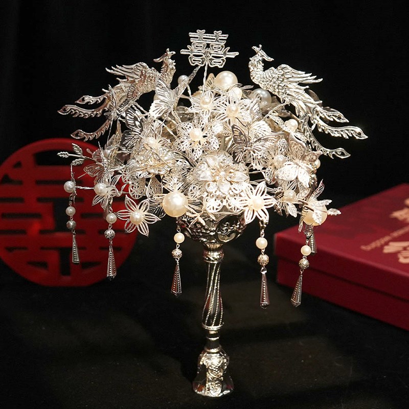 新娘中式婚礼银色精致手捧花大气富贵秀禾龙凤褂汉服DIY材料包