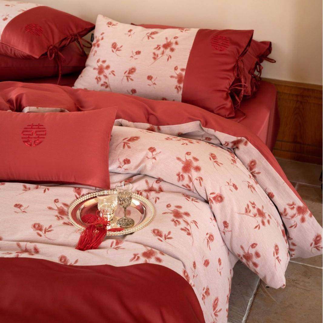 新中式婚庆色织提花长绒棉四件套红色婚嫁系列床单被套床上用品