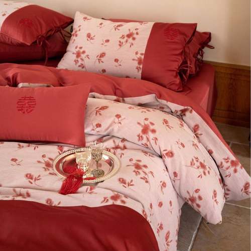 新中式婚庆色织提花长绒棉四件套红色婚嫁系列床单被套床上用品