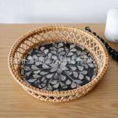 秋藤编织贝壳贴片拼接收纳盘镂空拍摄道具美食拍照暗黑风格 置物筐