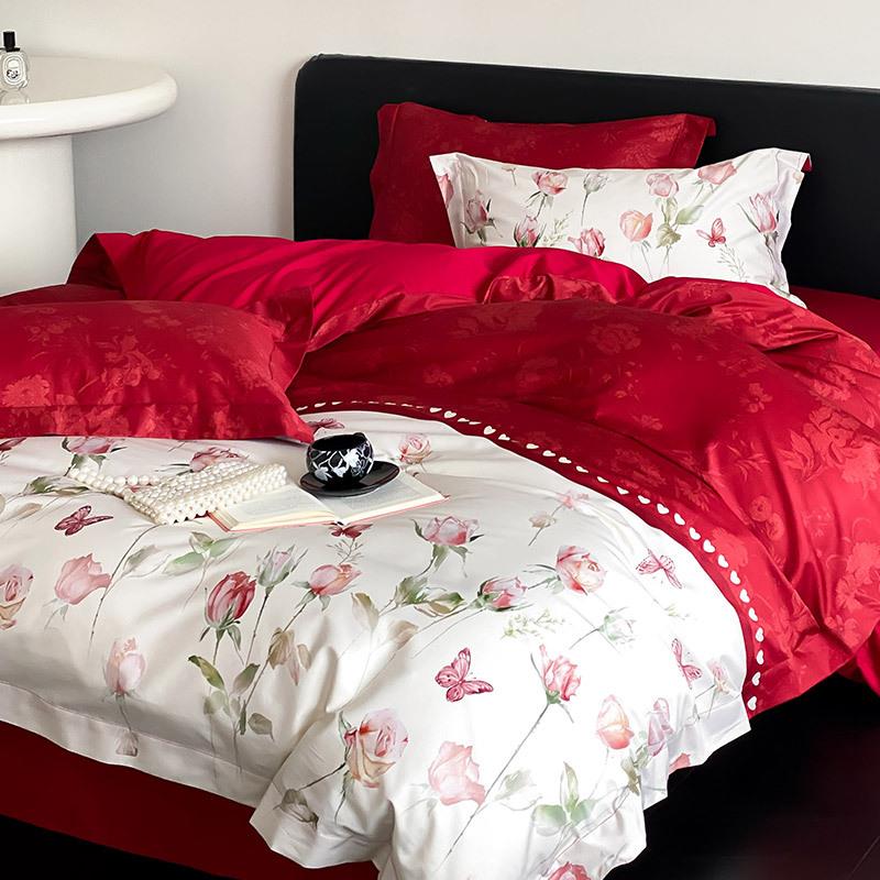 浪漫婚庆四季贡缎长绒棉纯棉四件套花卉数码印花结婚被套床上用品