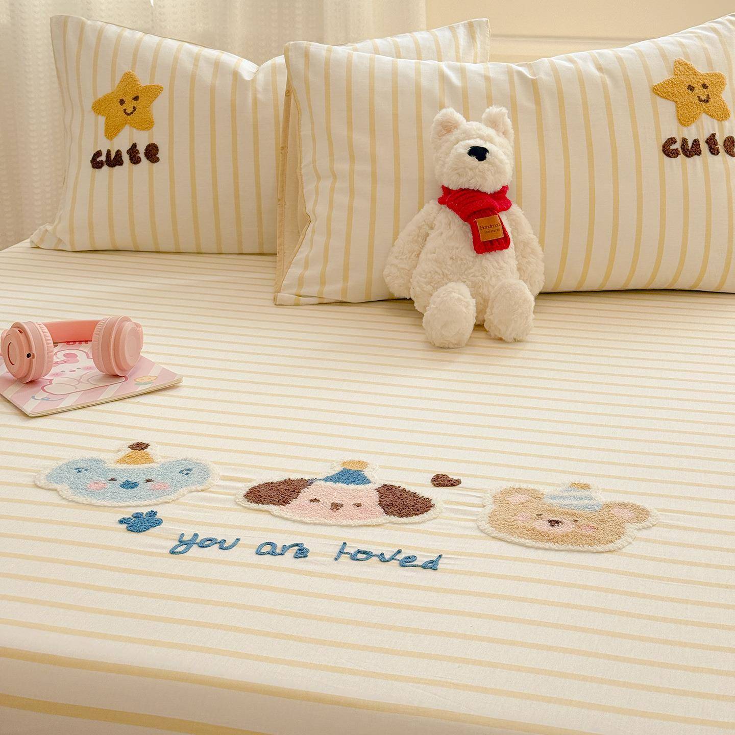 可爱毛巾绣纯棉床笠单件儿童单人床罩席梦思床垫保护罩三件套