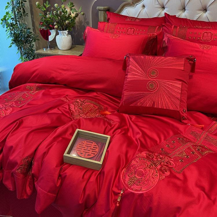 高端140支匹马棉刺绣四件套全棉大红色婚庆结婚被套新婚中式床品