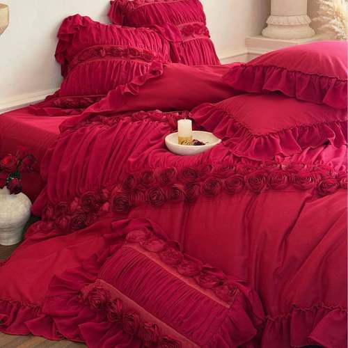 浪漫立体玫瑰花边红色婚庆床品四件套全棉水洗棉结婚被套床单床裙