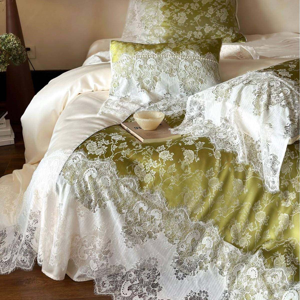 复古莱赛尔纤维天丝四件套提花蕾丝花边凉感丝滑被套夏季床品