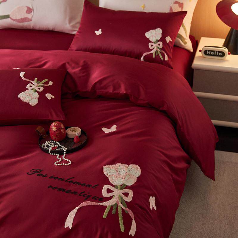 秋冬婚庆款全棉磨毛四件套花卉毛巾绣加厚结婚被套喜嫁床品红色