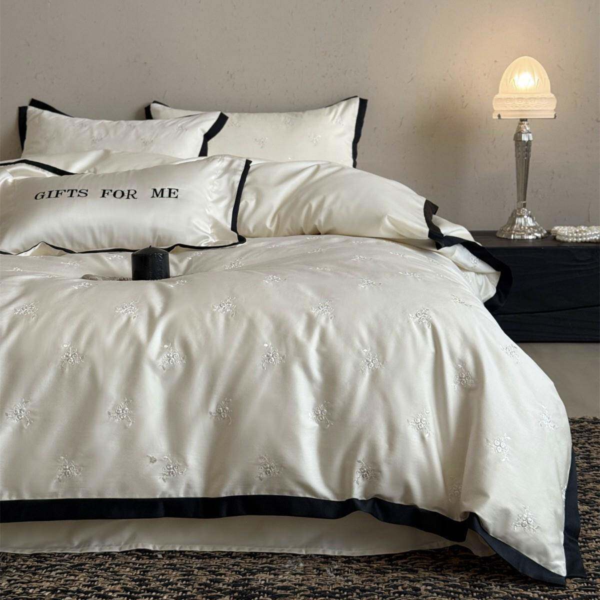 小资轻奢风满绣四季款亲肤床品极简黑白纯棉长绒棉四件套月季晨露