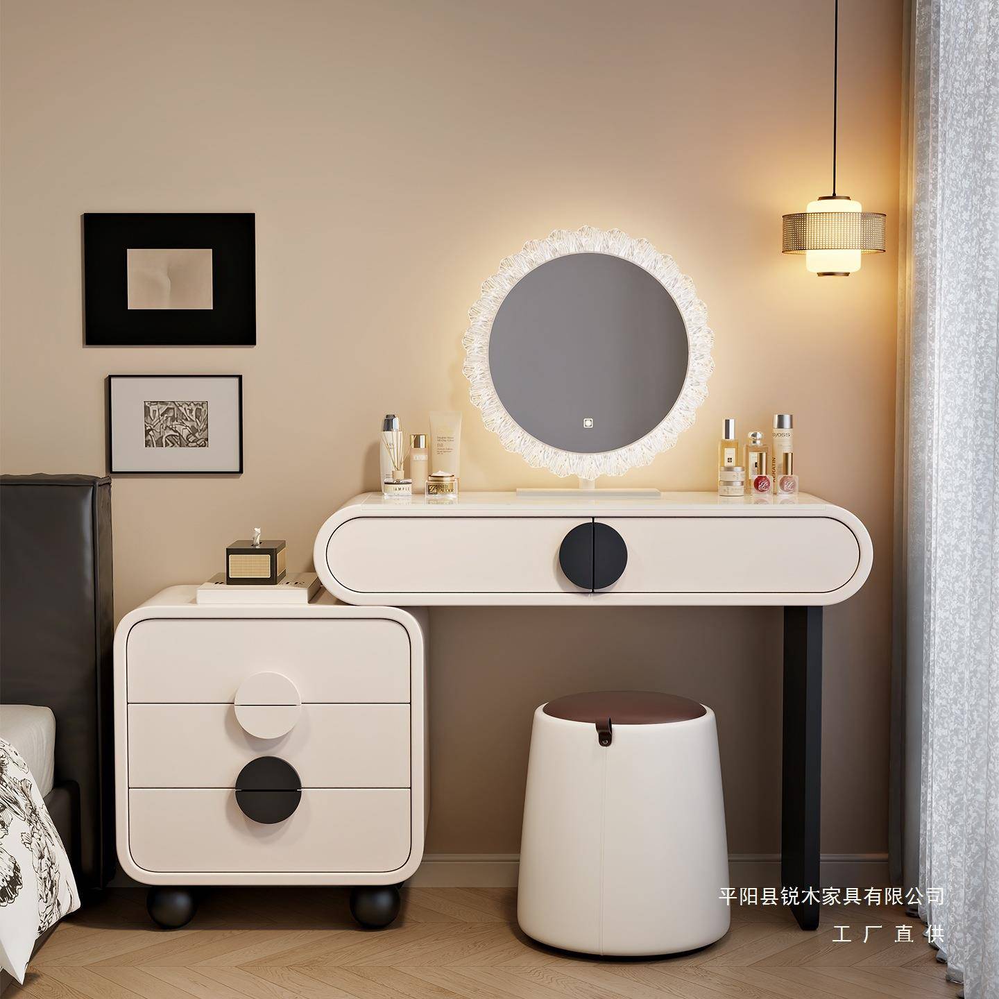 新款梳妆台卧室现代简约小户型奶油风化妆桌床头柜收纳柜斗柜一体