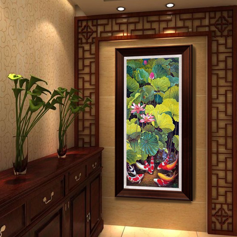 新中式装饰画九鱼图风水招财纯手绘油画竖版玄关过道走廊现代简约图片