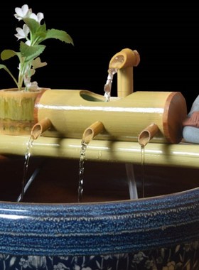 竹筒流水过滤摆件陶n瓷鱼缸竹流水器鱼池循环流水造景家居创意装