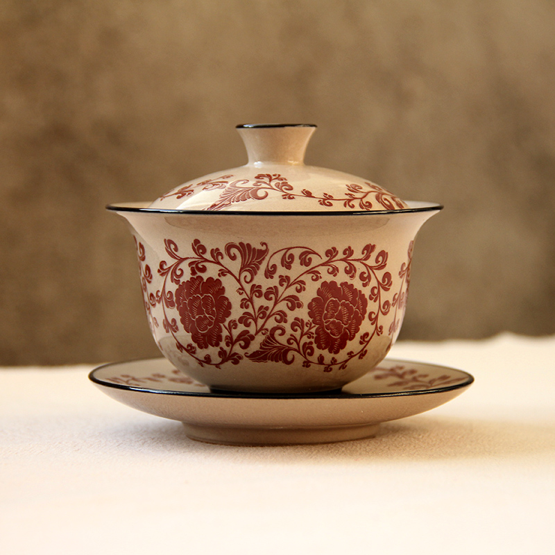 复古传统雕花工艺盖碗茶杯单个陶瓷功夫茶L具三才碗家用泡茶杯茶