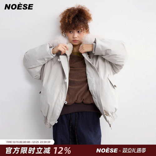 复古毛领连帽短款牛角扣羽绒外套