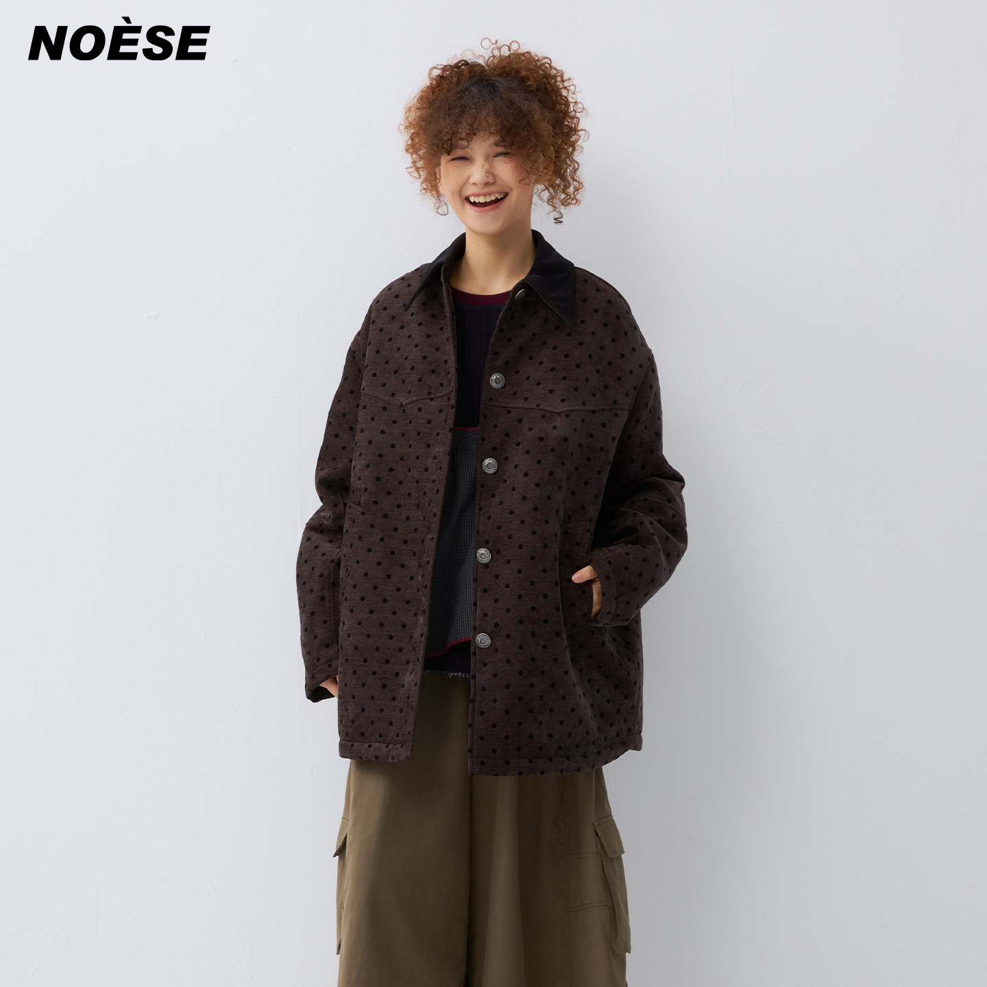 Noese千禧运动 秋冬复古波点植绒宽松茧型夹棉外套休闲单穿上衣