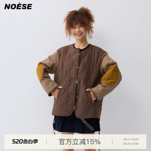 复古格纹拼接设计廓形夹棉外套