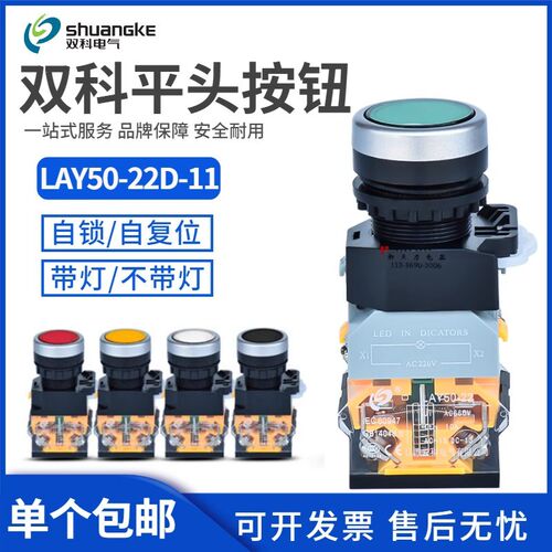 双科启动平头按钮LAY50-22D-11/TD点动复位开关带灯自锁220V/24V