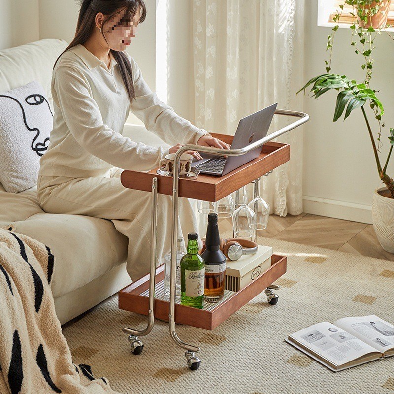 几柜复古移动f创意置物架家用可边客厅沙发侧边中古红推车实木小