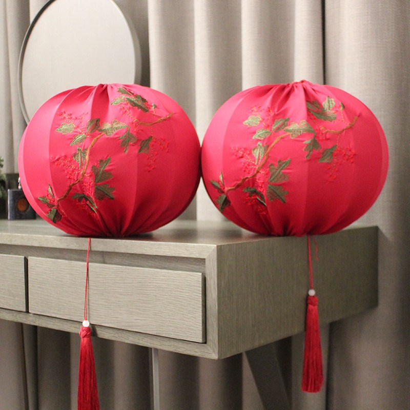 春节复古a吊灯刺绣走廊装饰圆形新中式喜庆带灯挂串户外南瓜宫灯