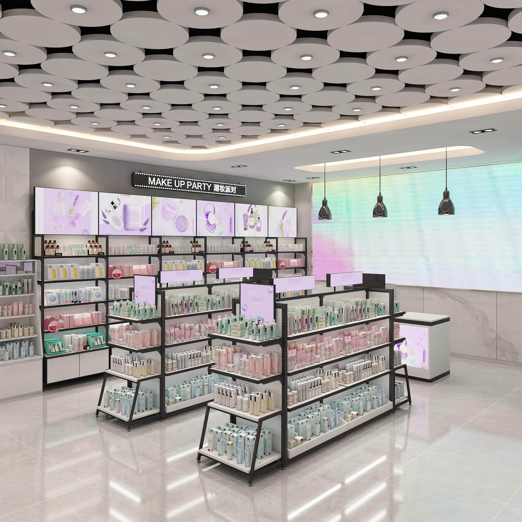 化妆品美妆货架展示柜美甲店收银台钢木多层组合彩妆双面中岛货柜