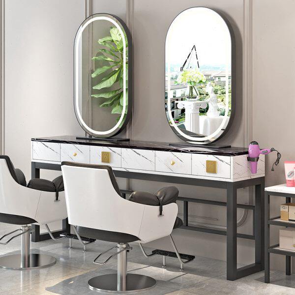 理发镜台美发店镜子单面带灯美容化妆发廊剪发镜双面大理石烫染桌