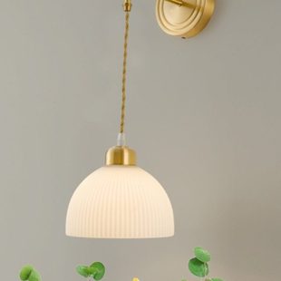 北欧全铜壁灯中古客厅背景墙卧室床头灯具法式奶油风吊线主卧墙灯