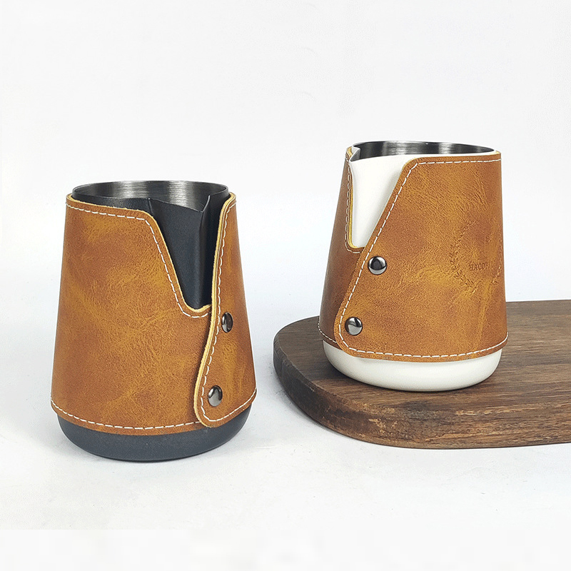 手握无手柄拉花缸尖嘴拉花杯意式咖啡机H拉花奶缸打奶泡杯防烫皮