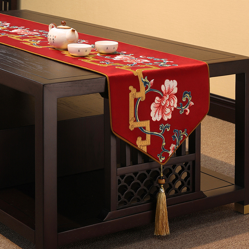 新中式桌旗d禅意茶席茶台布艺长条茶几桌布茶桌电视柜垫布红色床