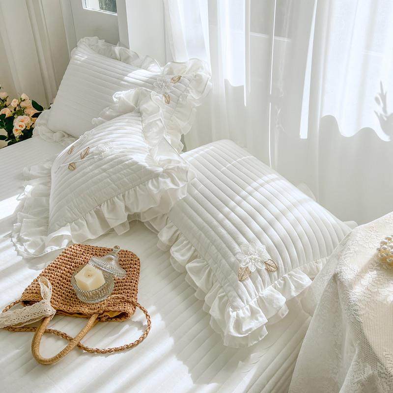 全棉水洗棉枕套一对装白色纯棉双层荷叶边简约纯色夹棉单人枕头套