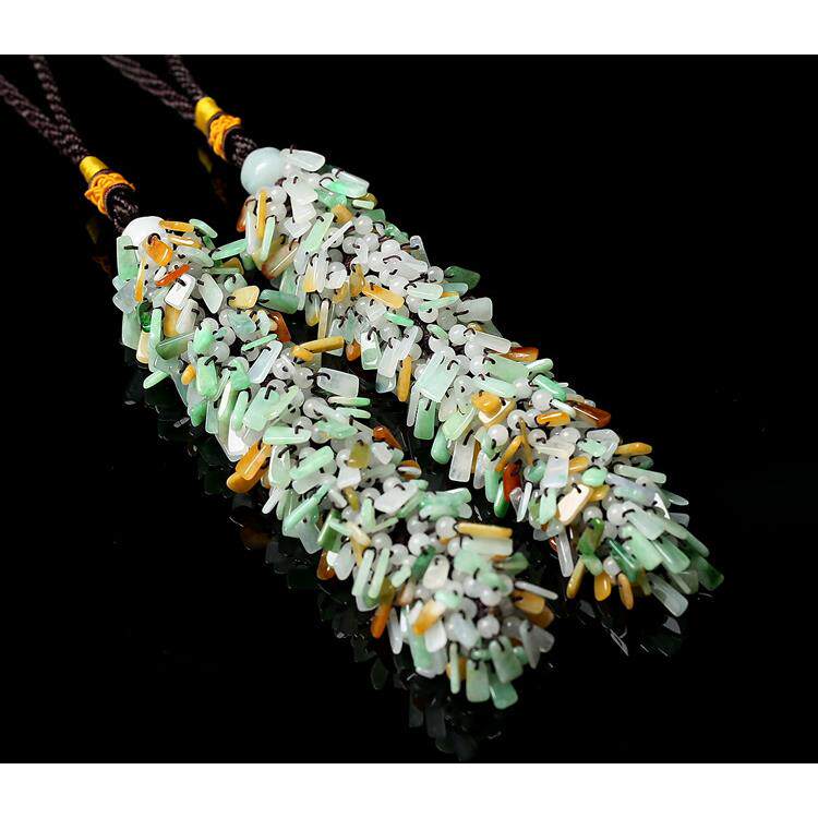 镇平玉龙坊天然冰种三彩翡翠A货钱袋手工编织车挂挂饰