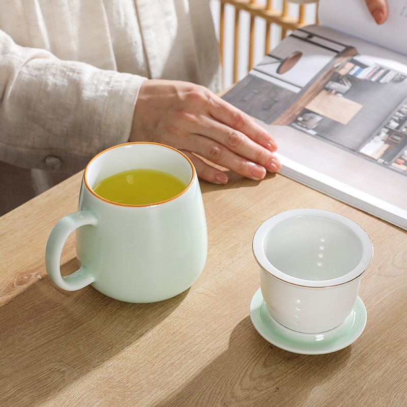 陶瓷泡茶杯茶水分离办公杯带盖带过滤茶G杯个人专用水杯子定制log