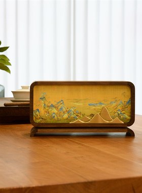 千里江山摆件国风小夜灯t黑胡桃木灯光画新中式茶空间氛围灯摆设