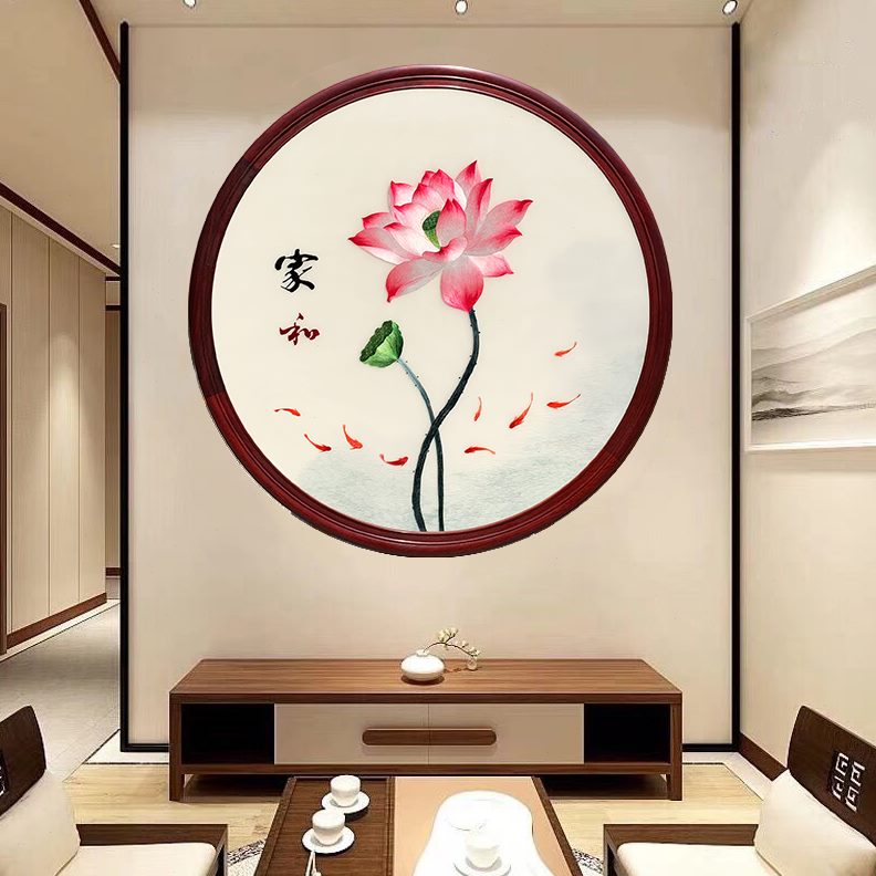 手工成品结婚礼品卧室床头刺绣沙发背景墙客厅装饰画荷花挂画苏州图片