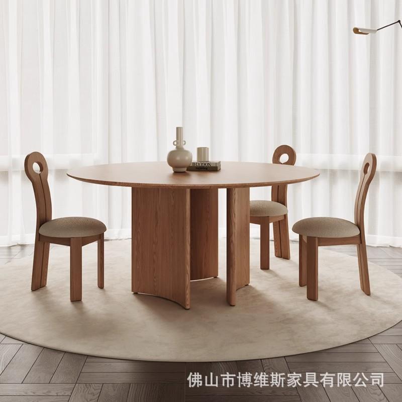 中古风实木圆桌家用小户型白蜡木饭桌简约复古带转盘圆餐桌椅组合