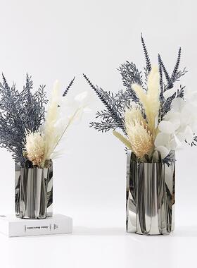 现代蓝色轻奢仿真花艺摆银色花瓶样板房客厅餐桌酒店前台软装摆设