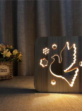跨境 和平鸽实木镂空雕刻 实木台灯 led3d小夜灯FS-T1836W